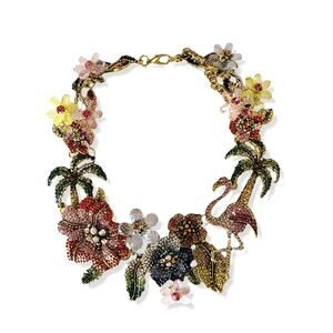 Gold Tone Multi-Color Czech Tropical Bib Necklace 16 plus 3 inch extender